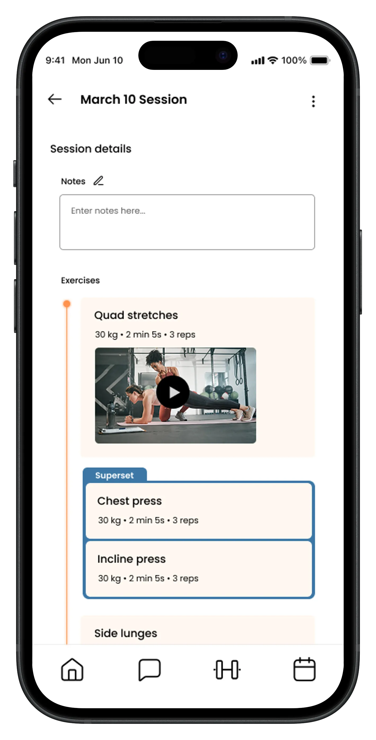 App interface screen of a session log, with a list of exercises.