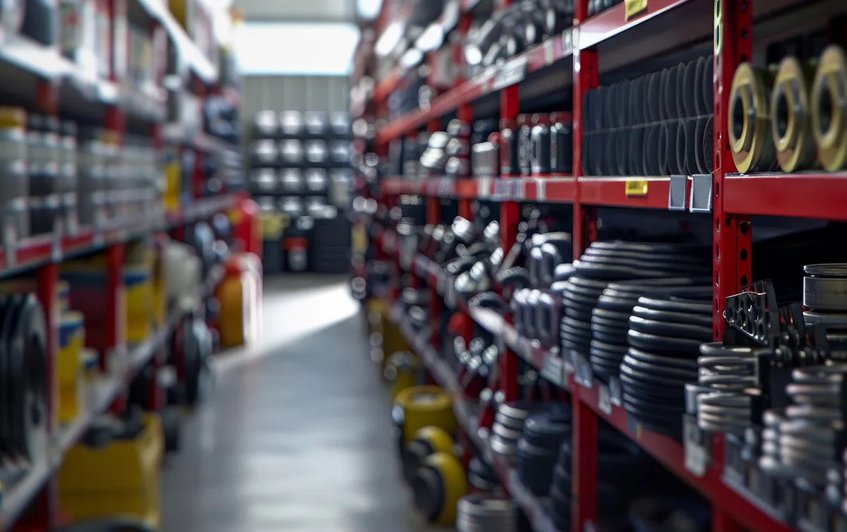Business inventory items stacked on metal shelving