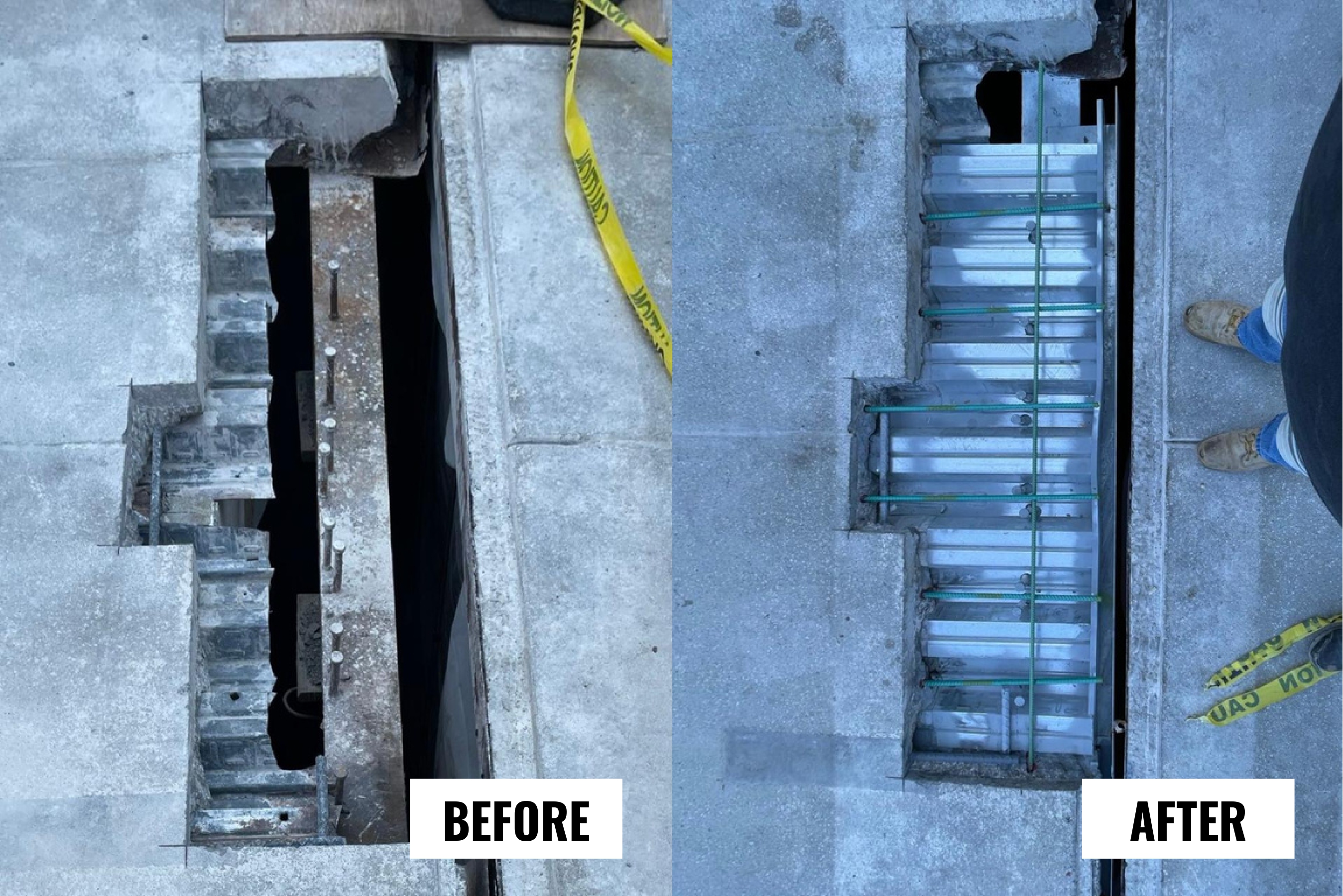 Side-by-side comparison of a concrete structure showing a damaged section before repair and a reinforced section with metal bars after repair.