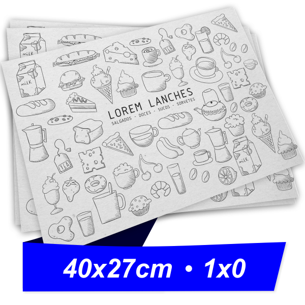 3000 Unid. - Papéis para Bandeja - 40 x 27 cm - Jornal 45g - 1x0 - Impressão na cor Preta - Refile