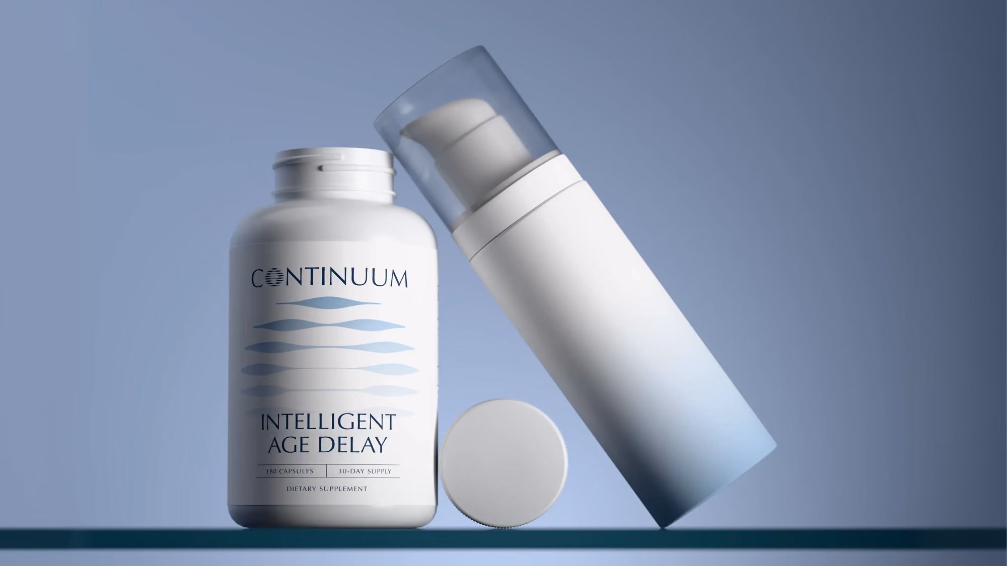 Two products sitting on a glass shelf.