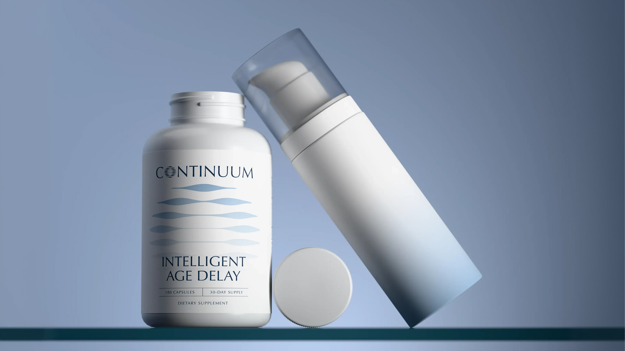 Two products sitting on a glass shelf.