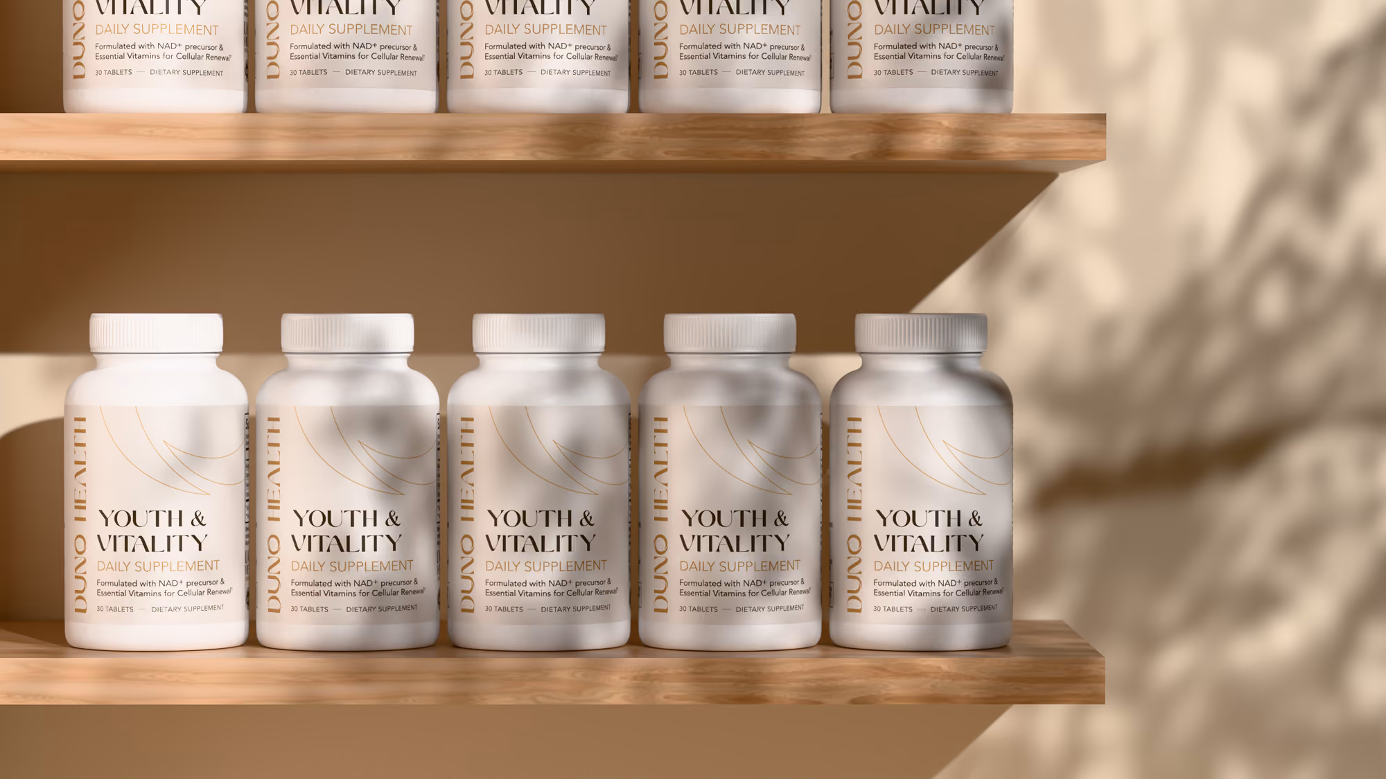 Supplement bottles on a wooden shelf.