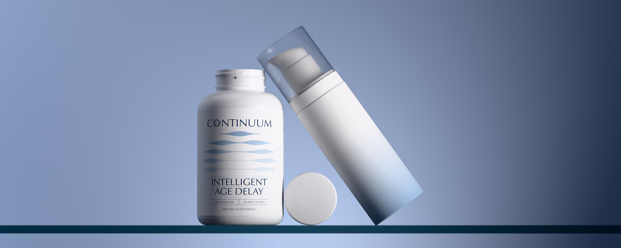 A 3D product render on a glass shelf with Continuum products.