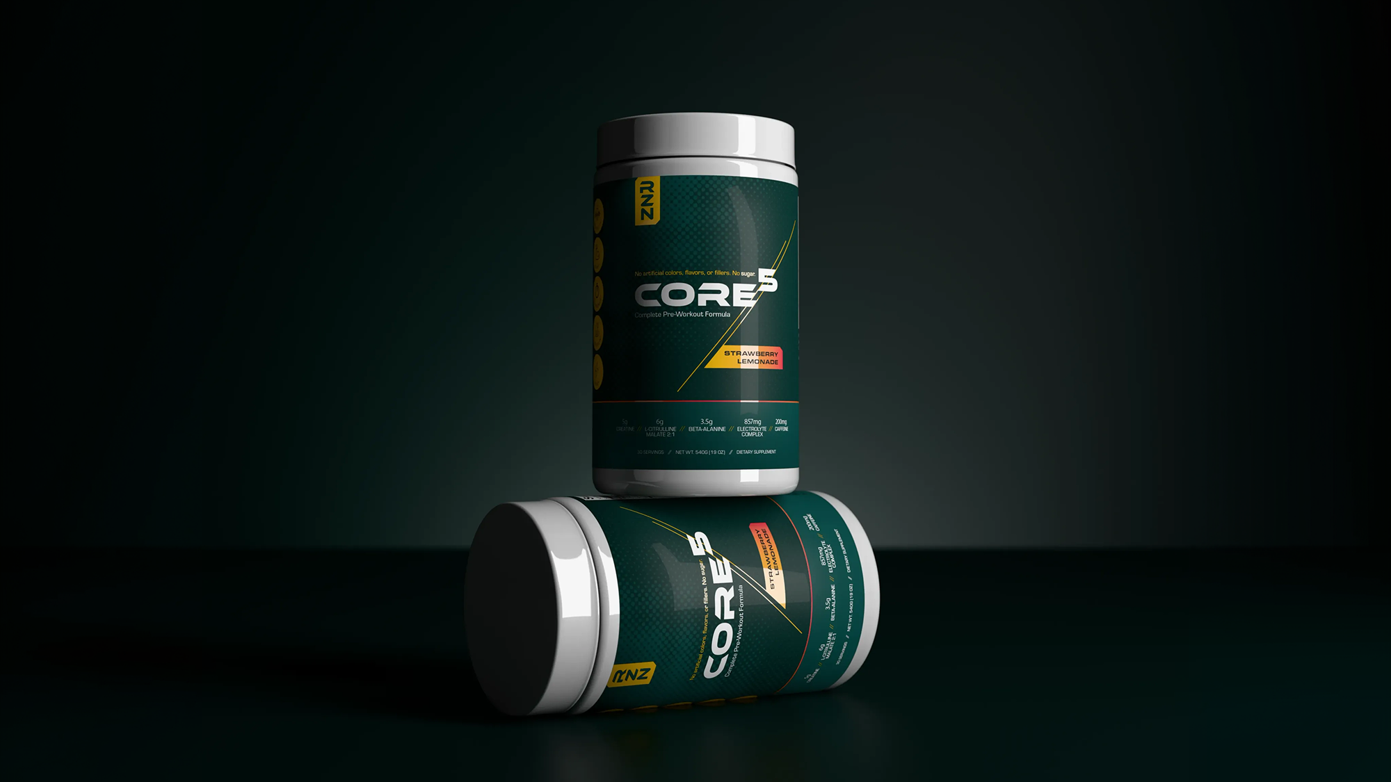 Two bottles of RZN Nutrition pre-workout on a dark green backlit background.