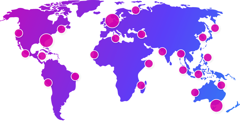World map with purple and blue gradient highlighting continents and multiple pink circles of varying sizes indicating key locations.