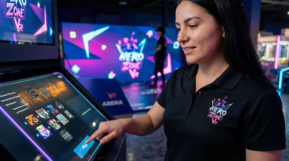 Woman in a Hero Zone VR shirt pressing the Play button on an arcade game touchscreen in a VR gaming arena.
