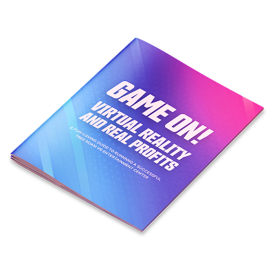 A colorful ebook cover titled 'GAME ON! VIRTUAL REALITY AND REAL PROFITS' with a subtitle about a full guide to running a successful free roam VR entertainment center.