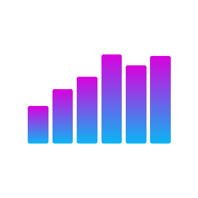 Six vertical bars in a gradient from blue to pink, arranged in ascending order with the fifth bar slightly shorter than the fourth.
