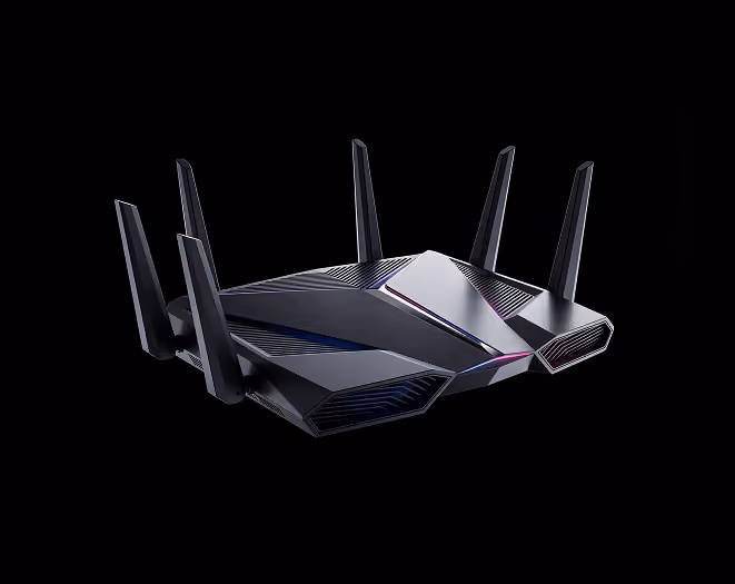 Wireless router with six external antennas on a black background.