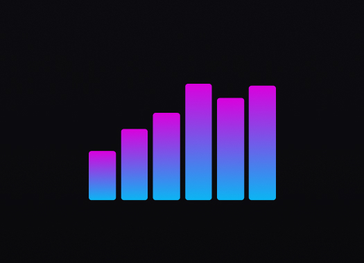 Five vertical bars of varying heights in a gradient from blue at the bottom to pink at the top, representing a stylized signal strength icon on a black background.