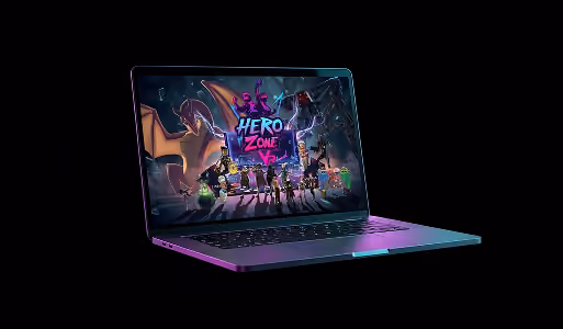 Open laptop displaying a colorful screen with the text 'Hero Zone VR' and various animated characters including a dragon and a robot.