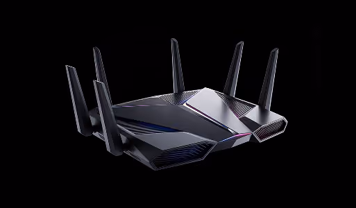 Wireless router with six external antennas on a black background.