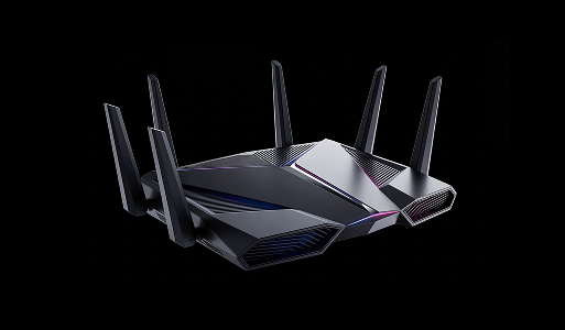 Wireless router with six external antennas on a black background.