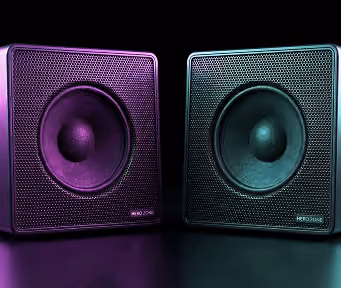 Two modern square speakers with black grills illuminated by purple and blue lights against a dark background.
