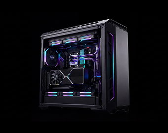 Black gaming PC tower with transparent side panel revealing RGB-lit cooling system and graphics card.