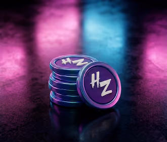 Stack of purple and blue tokens engraved with 'HZ' on a reflective surface under neon lighting.