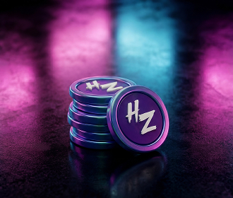 Stack of purple and blue tokens engraved with 'HZ' on a reflective surface under neon lighting.