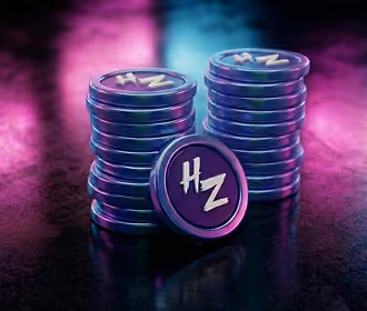 Stacks of purple poker chips with 'HZ' initials on a reflective surface under pink and blue lighting.