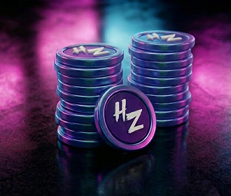 Stacks of purple poker chips with 'HZ' initials on a reflective surface under pink and blue lighting.
