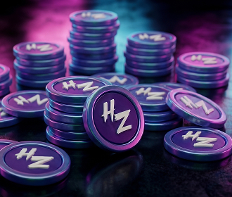 Stacks of blue and purple tokens with 'HZ' printed in white on each token.