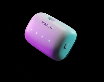 White BoboVR wireless batterie illuminated with purple and blue light on a black background.