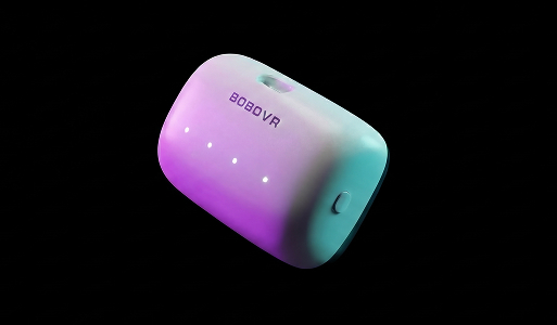 White BoboVR wireless batterie illuminated with purple and blue light on a black background.