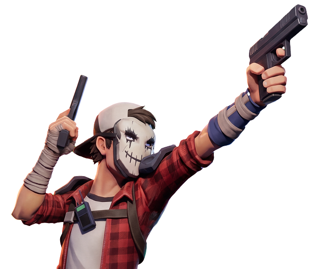 Character wearing a white mask with black stitched mouth design, a red plaid shirt, and a backwards cap, holding a handgun in one hand and a silencer in the other.