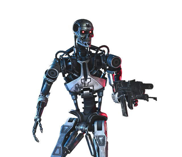 Futuristic humanoid robot with glowing red eyes holding a black assault rifle.