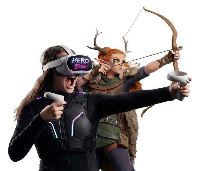 Person wearing a Hero Zone VR headset and light-up vest using VR controllers, with an animated fantasy archer character drawing a bow in the background.