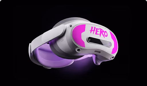 White virtual reality headset with purple accents and the word 'HERO' written on the front, against a black background.