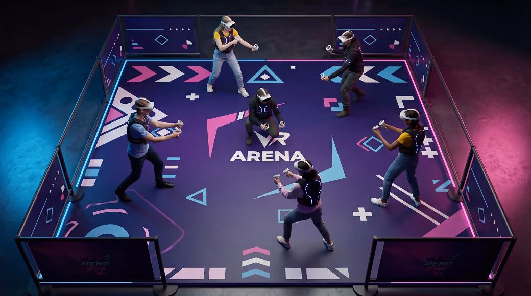 Six people wearing VR headsets and holding controllers stand in a hexagonal, neon-lit VR arena with geometric patterns on the floor.