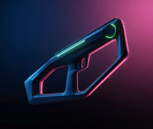 Futuristic sleek black handheld device with neon green and pink lighting accents against a dark background.
