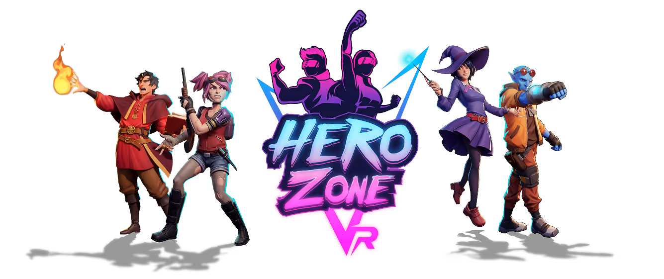 Colorful Hero Zone VR logo with stylized text and silhouettes, flanked by four animated characters: a mage with fire, a steampunk girl with a gun, a witch with a staff, and a blue-skinned futuristic fighter.