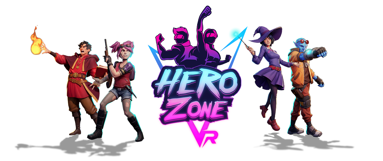 Colorful Hero Zone VR logo with stylized text and silhouettes, flanked by four animated characters: a mage with fire, a steampunk girl with a gun, a witch with a staff, and a blue-skinned futuristic fighter.