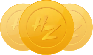 Four overlapping gold coins with HZ embossed on each.