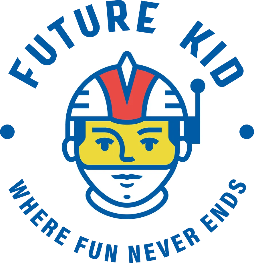 Illustration of a child's face wearing a futuristic helmet and visor, with the text 'Future Kid' above and 'Where Fun Never Ends' below in blue lettering.