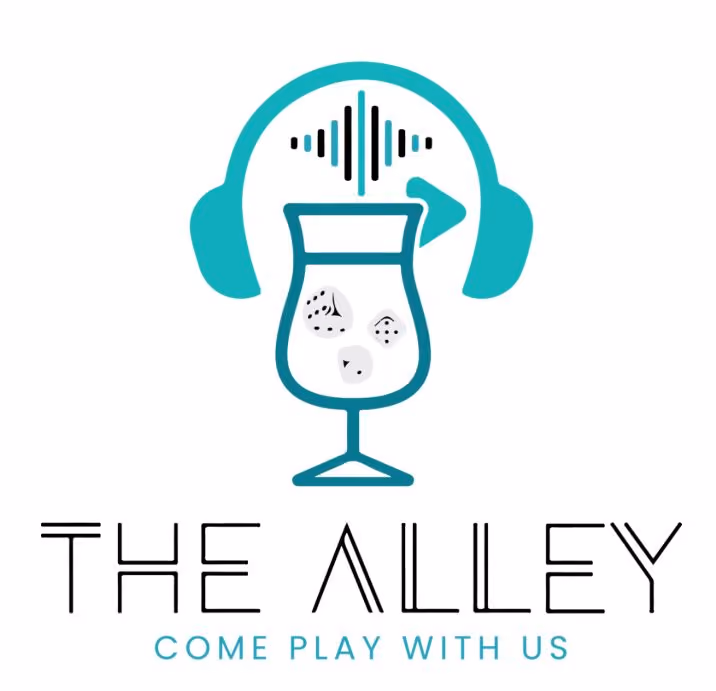 Logo with turquoise headphones encircling a glass with ice cubes and audio waveforms, text below reads 'THE ALLEY' and 'COME PLAY WITH US'.