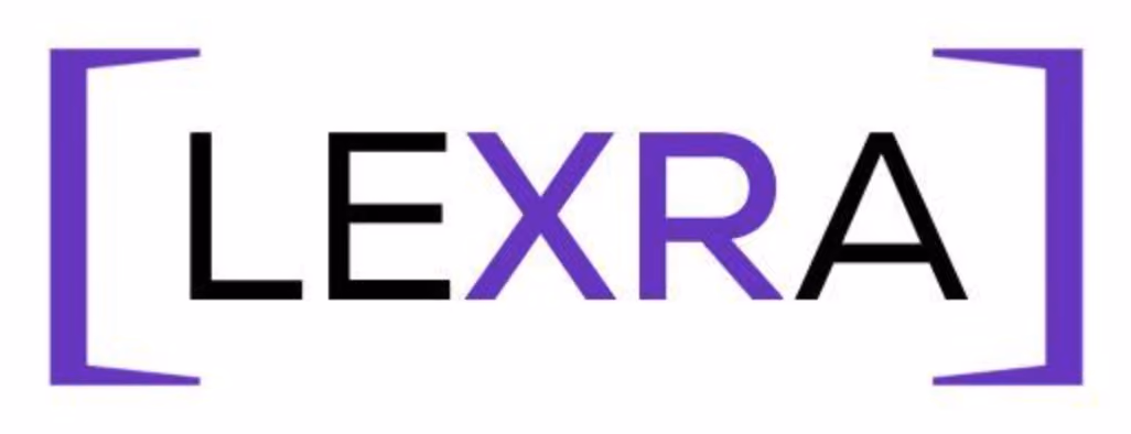 Lexra logo with stylized purple brackets and black and purple text.