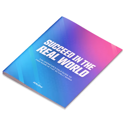 A colorful booklet titled 'Succeed in the Real World: The Operator’s Field Guide to Free-Roam VR That Actually Works' with a gradient blue to pink background.