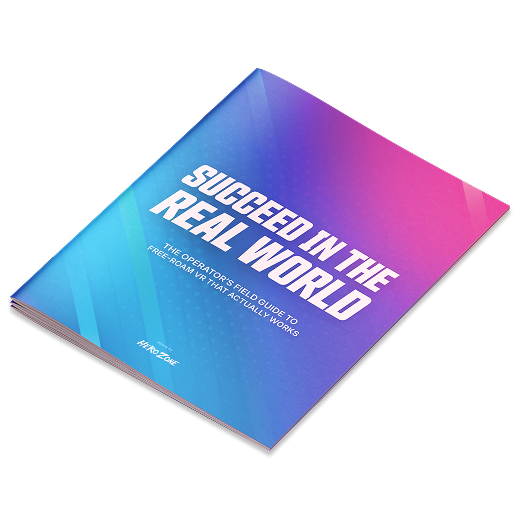 A colorful booklet titled 'Succeed in the Real World: The Operator’s Field Guide to Free-Roam VR That Actually Works' with a gradient blue to pink background.