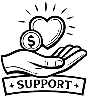 Grayscale icon showing a hand holding a heart and a dollar coin for the support section