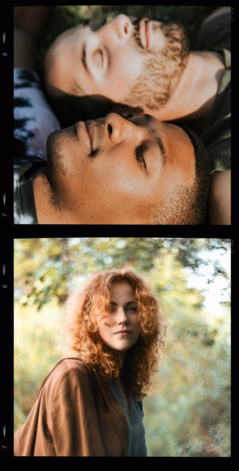 Top image: Two men with eyes closed lying side by side on grass, one with dark skin and the other with light skin and a beard. Bottom image: Woman with curly red hair wearing a brown jacket and blue top standing outdoors with blurred green foliage background.