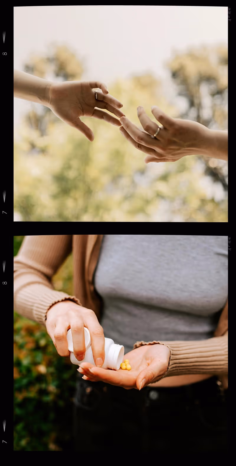 Two hands with rings about to touch against blurred green background above, and a person pouring yellow pills from a white bottle into their hand below.