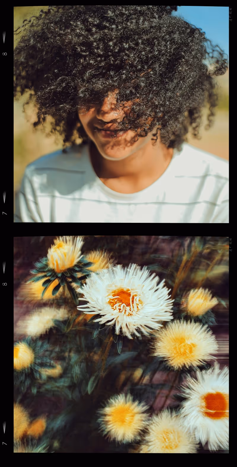 Two-panel image: top panel shows a person with dense curly hair partially covering their face wearing a white shirt, bottom panel shows close-up of white and yellow daisy-like flowers with blurred background.