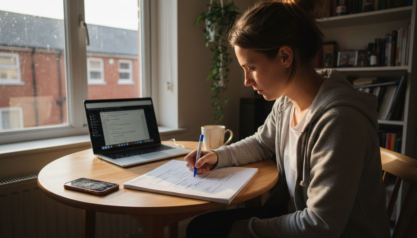 Woman sketching homepage wireframe at kitchen table