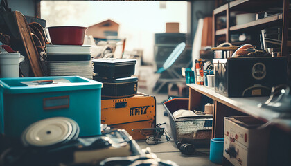 A cluttered room filled with household items, books, and belongings ready to be donated
