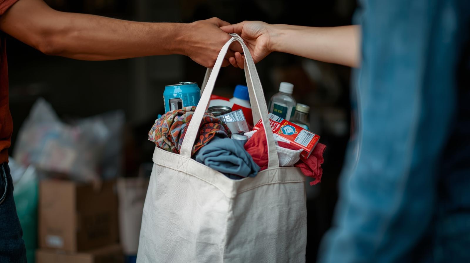 Person handing over a bag of donated goods