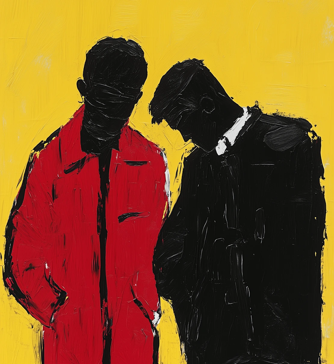 Two men wearing red jackets stand side by side, smiling at the camera in a casual outdoor setting.