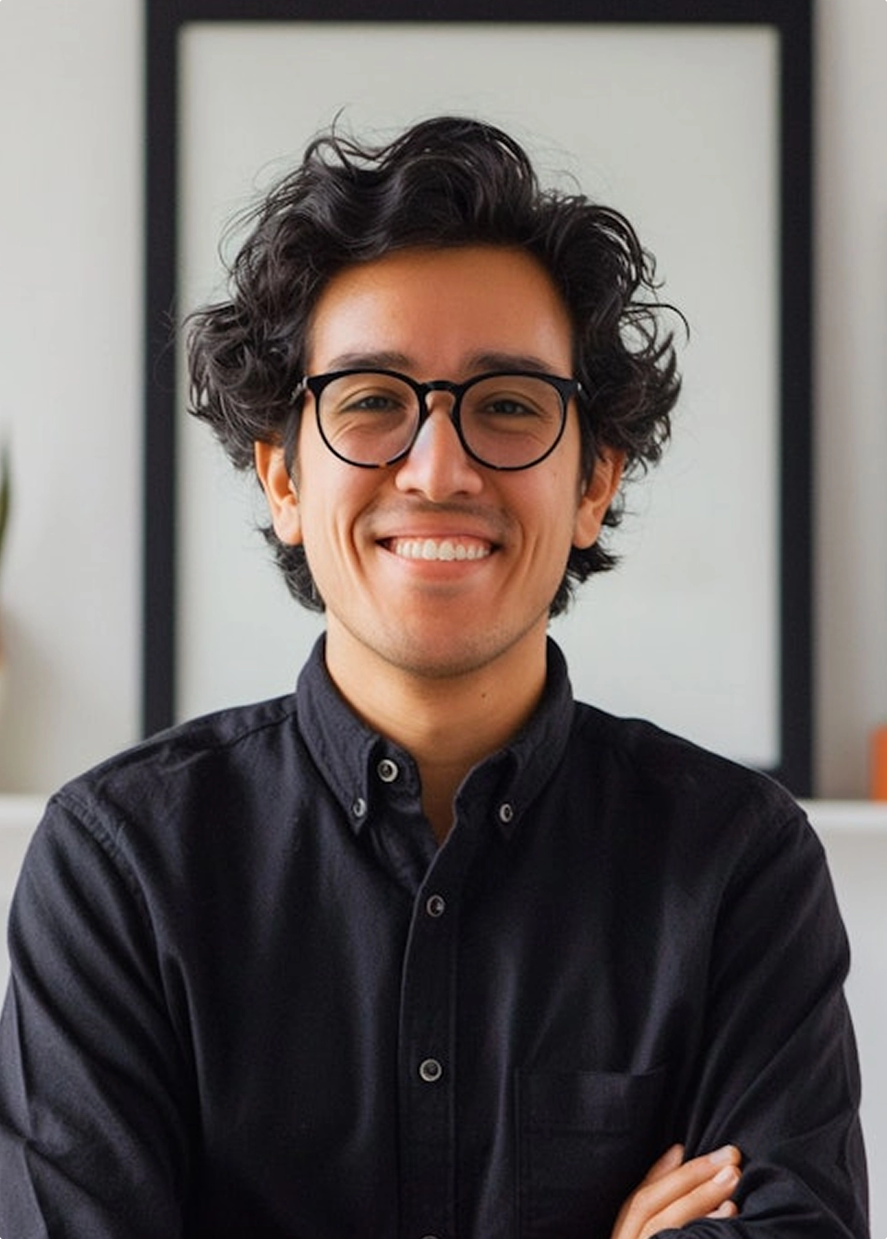 A man wearing glasses and a black shirt, looking directly at the camera with a neutral expression.